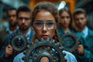 AI Generated Worker is working with gears at the factory. Generative AI photo