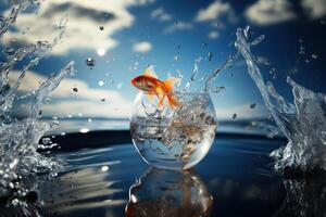 AI Generated Goldfish leaps out of the aquarium to throw itself into the sea. Generative AI photo