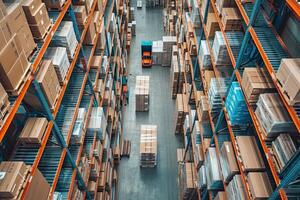 AI Generated Modern warehouse with stacks of boxes. Generative AI photo