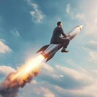 AI Generated Businessman fly high with a rocket. concept of success and startup. Generative AI photo