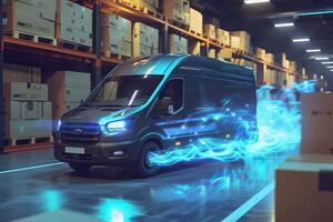 AI Generated Super fast delivery of package service with van fire effect. Generative AI photo