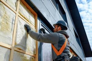 AI Generated Worker applies insulation with glass wool for energy saving on a new construction site. Generative AI photo