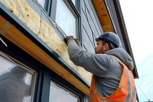 AI Generated Worker applies insulation with glass wool for energy saving on a new construction site. Generative AI photo