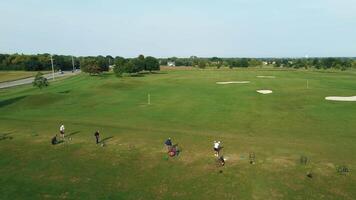 golfistas practicando en un soleado día, golfistas con clubs en verde curso debajo claro cielo. video