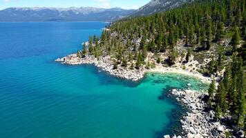 Aerial view Lake Tahoe, a large lake in the state of California, has a rocky coast video