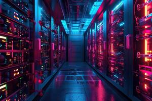 AI Generated Datacenter room with racks of fast servers. Generative AI photo