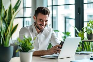 AI Generated Businessman in office connected on internet network with a laptop. Generative AI photo