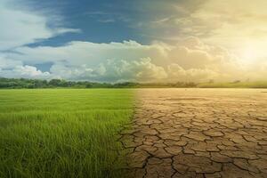 ai generado campo desde verde césped a sediento. problema de global calentamiento generativo ai foto