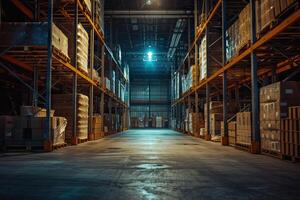 AI Generated Modern warehouse with stacks of boxes. Generative AI photo