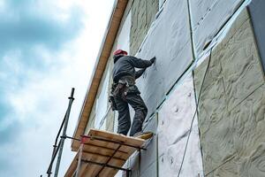 AI Generated Worker applies insulation with glass wool for energy saving on a new construction site. Generative AI photo