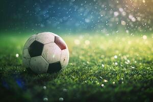AI Generated Close up of a soccer ball at the football stadium. Generative AI photo