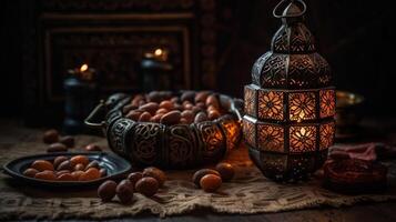 AI generated Ramadan Kareem greeting card. Ramadan Kareem lanterns with dates and dried apricots photo