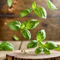 flying fresh natural basil leaves on wooden backdrop photo