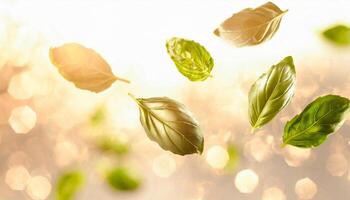 flying fresh natural basil leaves on white background photo