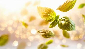 flying fresh natural basil leaves on white background photo