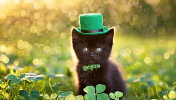 AI generated Kitten in green top hat, green grass on background, St. Patrick's Day  concept photo