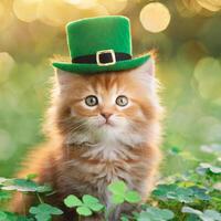 AI generated Kitten in green top hat, green grass on background, St. Patrick's Day  concept photo