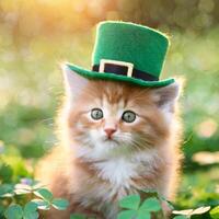 ai generado gatito en verde parte superior sombrero, verde césped en fondo, S t. patrick's día concepto foto