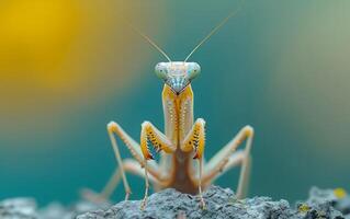 AI generated Praying Mantis Adopts Defensive Posture Against Radiant Gold Background photo