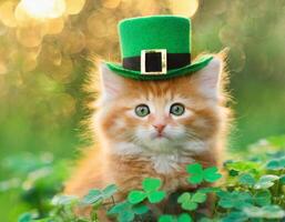 AI generated Kitten in green top hat, green grass on background, St. Patrick's Day  concept photo
