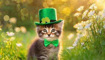 AI generated Kitten in green top hat, green grass on background, St. Patrick's Day  concept photo