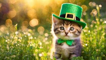 AI generated Kitten in green top hat, green grass on background, St. Patrick's Day  concept photo