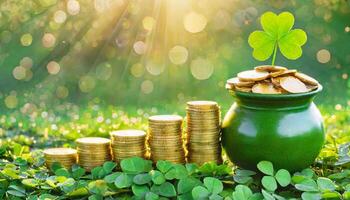 AI generated St Patrick's day concept, pot full of gold coins on clover field photo