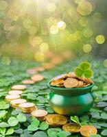 AI generated St Patrick's day concept, pot full of gold coins on clover field photo