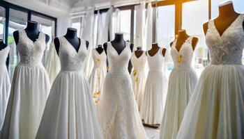 AI generated A collection of different style wedding dresses showcases diverse styles in bridal boutique photo