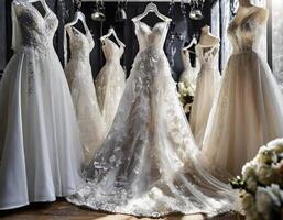 AI generated A collection of different style wedding dresses showcases diverse styles in bridal boutique photo