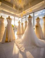 ai generado un colección de diferente estilo Boda vestidos vitrinas diverso estilos en nupcial boutique foto