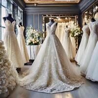 AI generated A collection of different style wedding dresses showcases diverse styles in bridal boutique photo