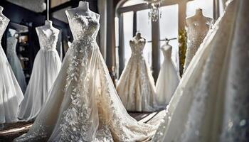 AI generated A collection of different style wedding dresses showcases diverse styles in bridal boutique photo