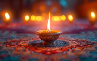 AI generated Illuminated traditional diya oil lamps on a festive background, capturing the spirit of the Diwali festival photo