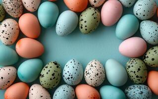 AI generated A variety of speckled Easter eggs forming a border photo