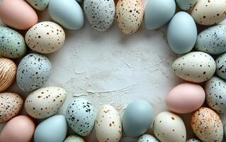 AI generated A variety of speckled Easter eggs forming a border photo