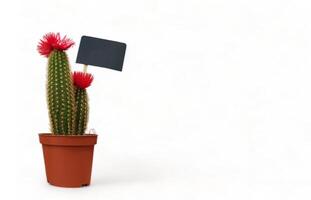 Small indoor cactus plant in a pot isolated on a white background front view. Natural nice green cactus flower with sharp white spines. photo