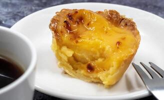 One Pastel de nata or Portuguese egg tart on a white plate. Pastel de Belm is a small pie with a crispy puff pastry crust and a custard cream filling. photo