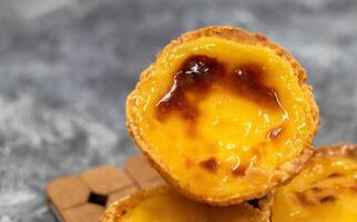 Lots of freshly baked desserts Pastel de nata or Portuguese egg tart. Pastel de Belm is a small pie with a crispy puff pastry crust and a custard cream filling. A small dessert, a cupcake. photo