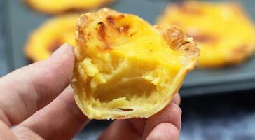 A man's hand holds a half-eaten bitten fresh Portuguese Pastel de Nata pie with custard on the background of a baking dish. Pastel de Belem is a pastry with a burnt top and a crispy puff pastry crust. photo