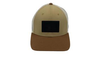 Basic baseball cap with mesh isolated on white background. Summer headdress in white, brown and beige. Mockup for your design, branding. A fashionable accessory with a large visor. Front view. photo