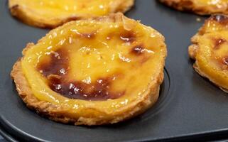 Lots of freshly baked Pastel de nata or Portuguese egg tart desserts in a baking dish. Pastel de Belme is a small pie with a crispy puff pastry crust and a custard filling. Small cupcake. photo