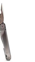 One modern gray iron open folding multifunctional knife isolated on a white background. Multitool with extended tools and pliers. Compact and portable product. Pocket knife. EDC concept. photo