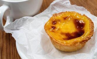 One Pastel de nata or Portuguese egg tart on a white plate. Pastel de Belm is a small pie with a crispy puff pastry crust and a custard cream filling. photo