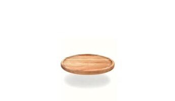 Empty round wooden plate with sides hanging on a white background with shadow. Space for branding, text or menu. Business food brand template. Layout. Cooking food. Culinary background. photo