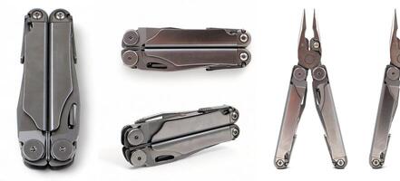 Modern steel multitool with many tools isolated on a white background. Set of different angles and positions. Portable multitasking tool. Compact and portable product. EDC concept. photo