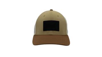 Basic baseball cap with mesh isolated on white background. Summer headdress in white, brown and beige. Mockup for your design, branding. A fashionable accessory with a large visor. Front view. photo