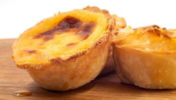 Pastel de nata tarts or Portuguese egg tart on a wooden brown background. Pastel de Belem is a small pie with a crispy puff pastry crust and a custard cream filling. Sweet dessert. photo