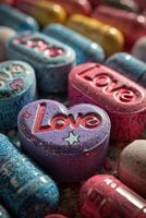 AI generated Heart-Shaped Candy or pills Spelling Love photo