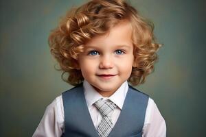 AI generated A happy smiling boy with curly hair in a business suit on a monochrome background photo